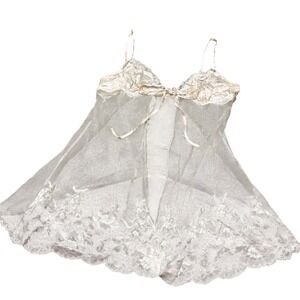 Victoria's Secret Silk Ivory Lace Trim Mesh Tiefront Babydoll Chemise Lingerie m